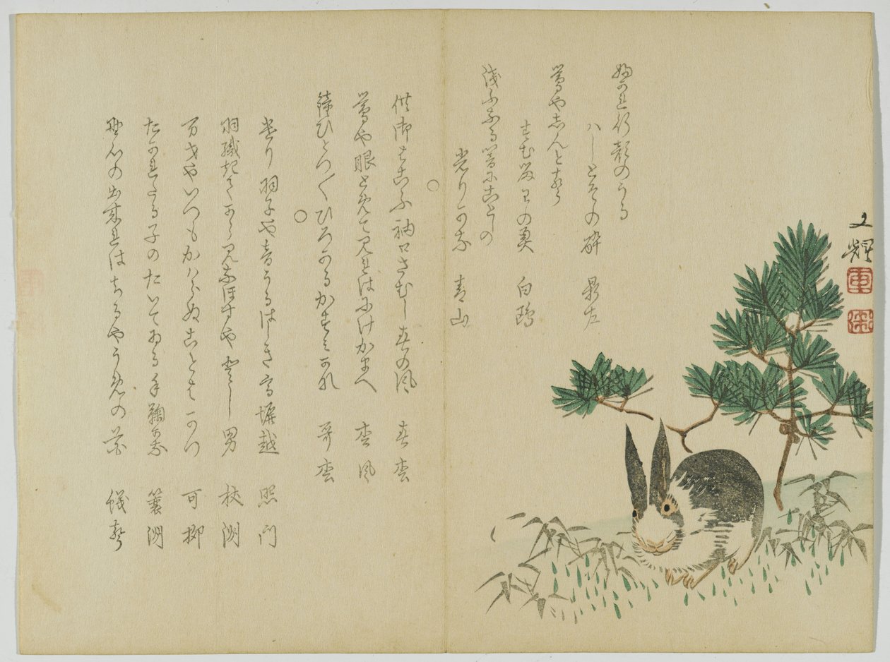 Królik pod sosną noworoczną, ok. 1860 (drewnodruk) autorstwa Japanese School
