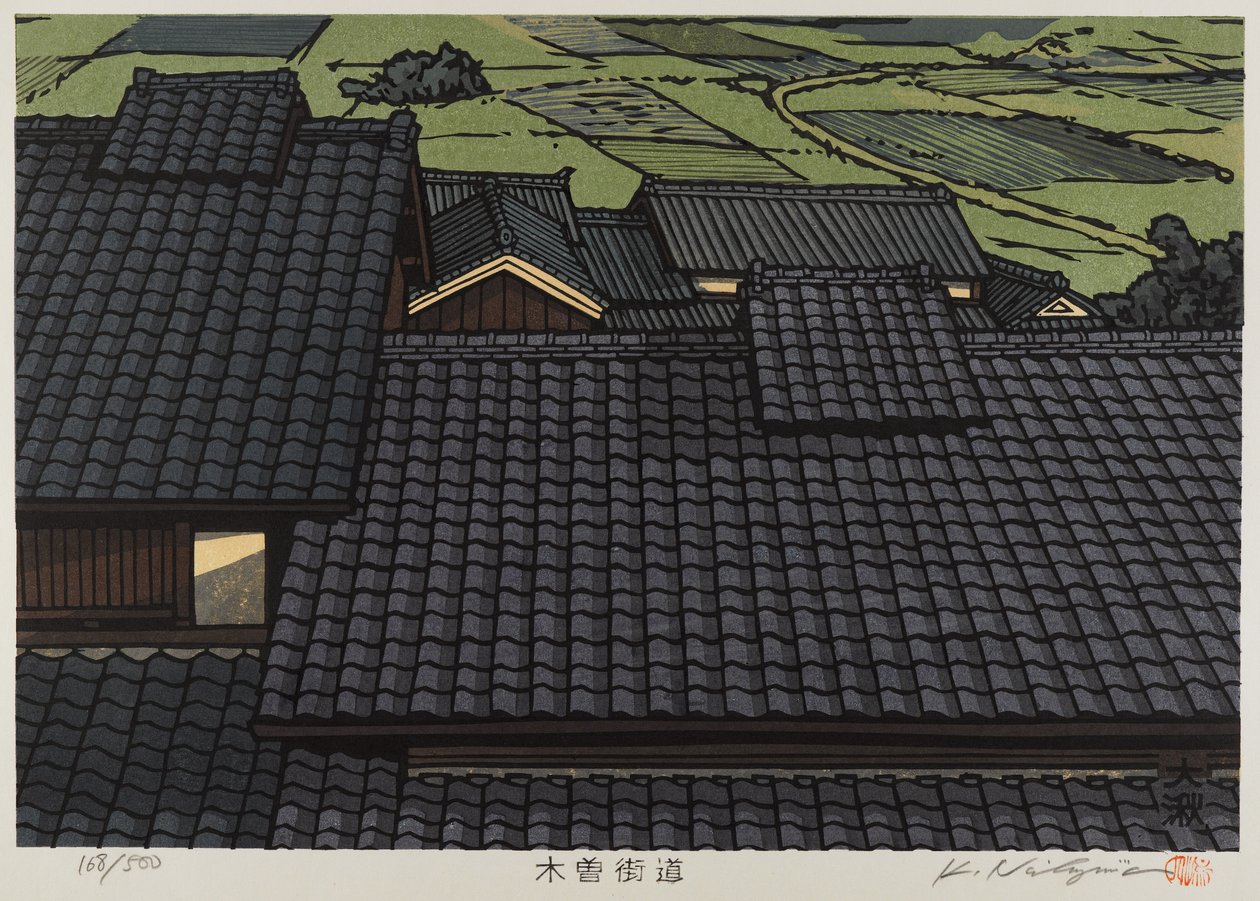 Rooftop z serii Kisokaido (kolorowy drzeworyt) autorstwa Japanese School