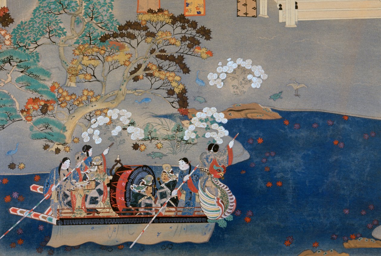 Łódź wiosłowa, ilustracja do Eiga Monogatari (Historia świetności), autorstwa Akazome Emon (ok. 956-1041). Japonia autorstwa Japanese School