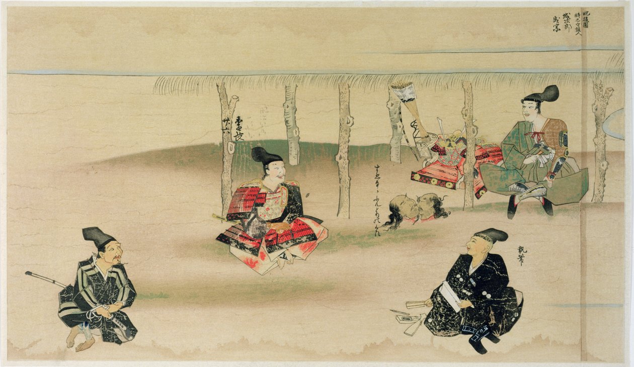 Samuraj Takezaki dostarcza głowy dwóch mongolskich najeźdźców Adachi Morinume podczas mongolskiej inwazji na Japonię w 1274 roku, ilustracja z magazynu Kokka, maj 1921 autorstwa Japanese School