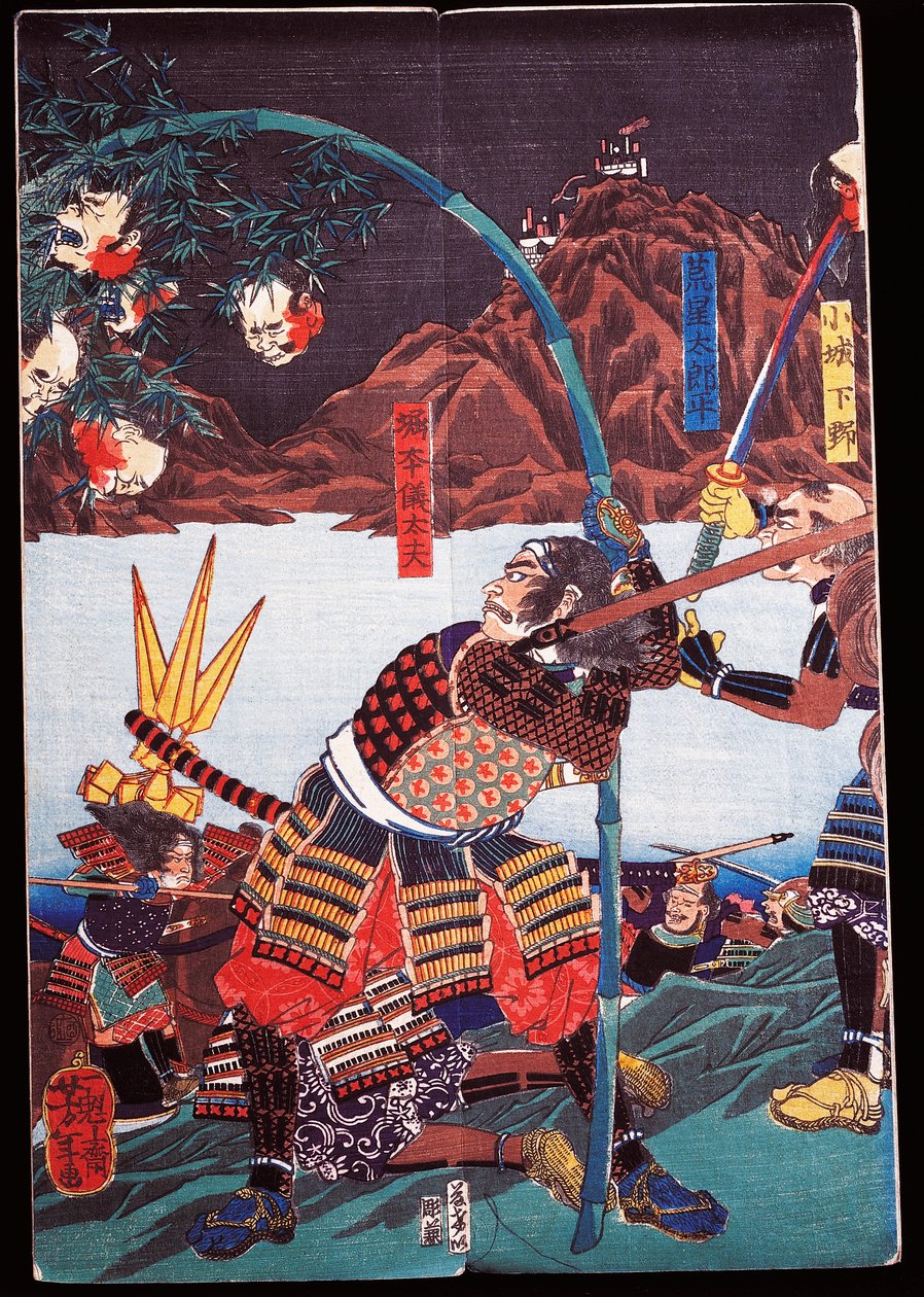 Samuraj pokazujący odcięte głowy swoich wrogów na bambusowych laskach, sewamono (zabawa domowa) autorstwa Japanese School