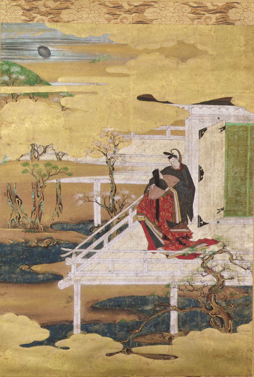 Scena z Opowieści Genji (kolor tuszu i złoty liść na papierze) autorstwa Japanese School