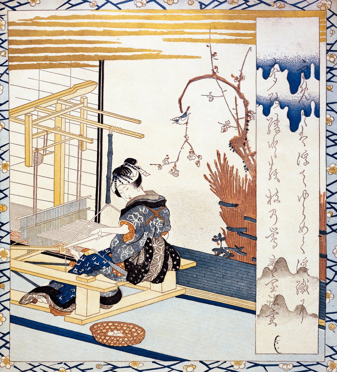 Tkanie jedwabiu, ilustracja japońskich kobiet autorstwa Japanese School