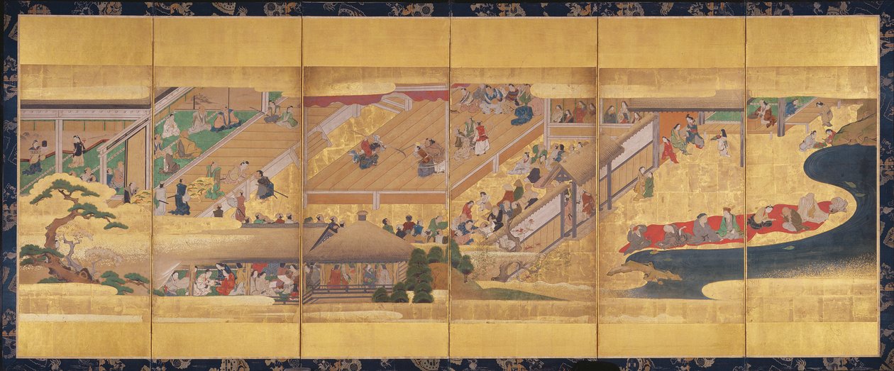 Sześciokrotny parawan z Noh Play Funa-Benkei, ok. 1660 r. (kolor, gofun, atrament i złoto na papierze) autorstwa Japanese School