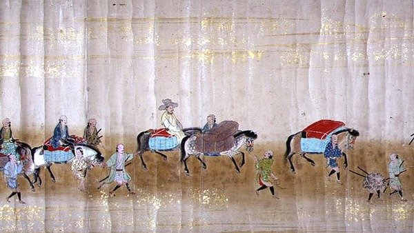 Szósta Ambasada Korei w Japonii w Meireki 1 w czasie sukcesji Tokugawy Ietsuna w 1651, prawdopodobnie Kano Masunobu (1625-94) (obraz przewijany) (szczegół) autorstwa Japanese School