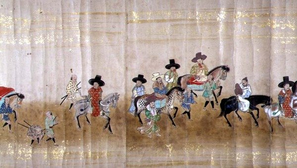 Szósta Ambasada Korei w Japonii w Meireki 1 w czasie sukcesji Tokugawy Ietsuna w 1651, prawdopodobnie Kano Masunobu (1625-94) (obraz przewijany) (szczegół) autorstwa Japanese School
