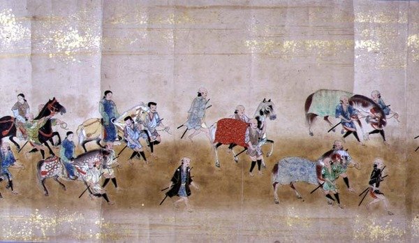 Szósta Ambasada Korei w Japonii w Meireki 1 w czasie sukcesji Tokugawy Ietsuna w 1651, prawdopodobnie Kano Masunobu (1625-94) (obraz przewijany) (szczegół) autorstwa Japanese School