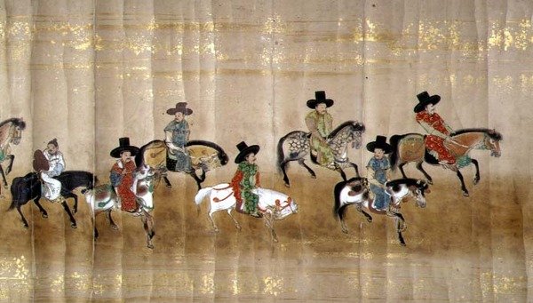 Szósta Ambasada Korei w Japonii w Meireki 1 w czasie sukcesji Tokugawy Ietsuna w 1651, prawdopodobnie Kano Masunobu (1625-94) (obraz przewijany) (szczegół) autorstwa Japanese School