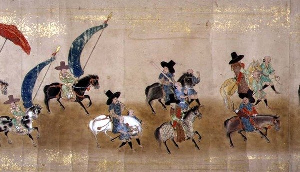 Szósta Ambasada Korei w Japonii w Meireki 1 w czasie sukcesji Tokugawy Ietsuna w 1651, prawdopodobnie Kano Masunobu (1625-94) (obraz przewijany) (szczegół) autorstwa Japanese School