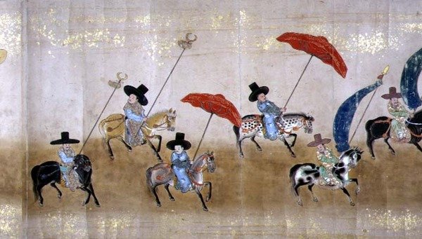 Szósta Ambasada Korei w Japonii w Meireki 1 w czasie sukcesji Tokugawy Ietsuna w 1651, prawdopodobnie Kano Masunobu (1625-94) (obraz przewijany) (szczegół) autorstwa Japanese School