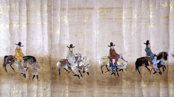 Szósta Ambasada Korei w Japonii w Meireki 1 w czasie sukcesji Tokugawy Ietsuna w 1651, prawdopodobnie Kano Masunobu (1625-94) (obraz przewijany) (szczegół) autorstwa Japanese School