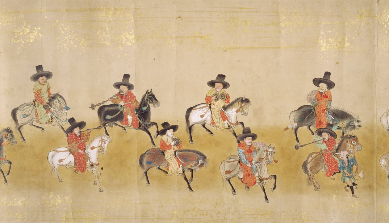 Szósta Ambasada Korei w Japonii w Meireki 1 w czasie sukcesji Tokugawy Ietsunas w 1651, prawdopodobnie Kano Masunobu (1625-94) (obraz przewijany) (szczegół) autorstwa Japanese School