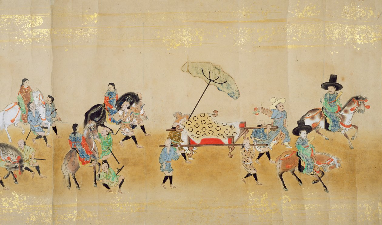 Szósta Ambasada Korei w Japonii w Meireki 1 w czasie sukcesji Tokugawy Ietsunas w 1651, prawdopodobnie Kano Masunobu (1625-94) (obraz przewijany) (szczegół) autorstwa Japanese School