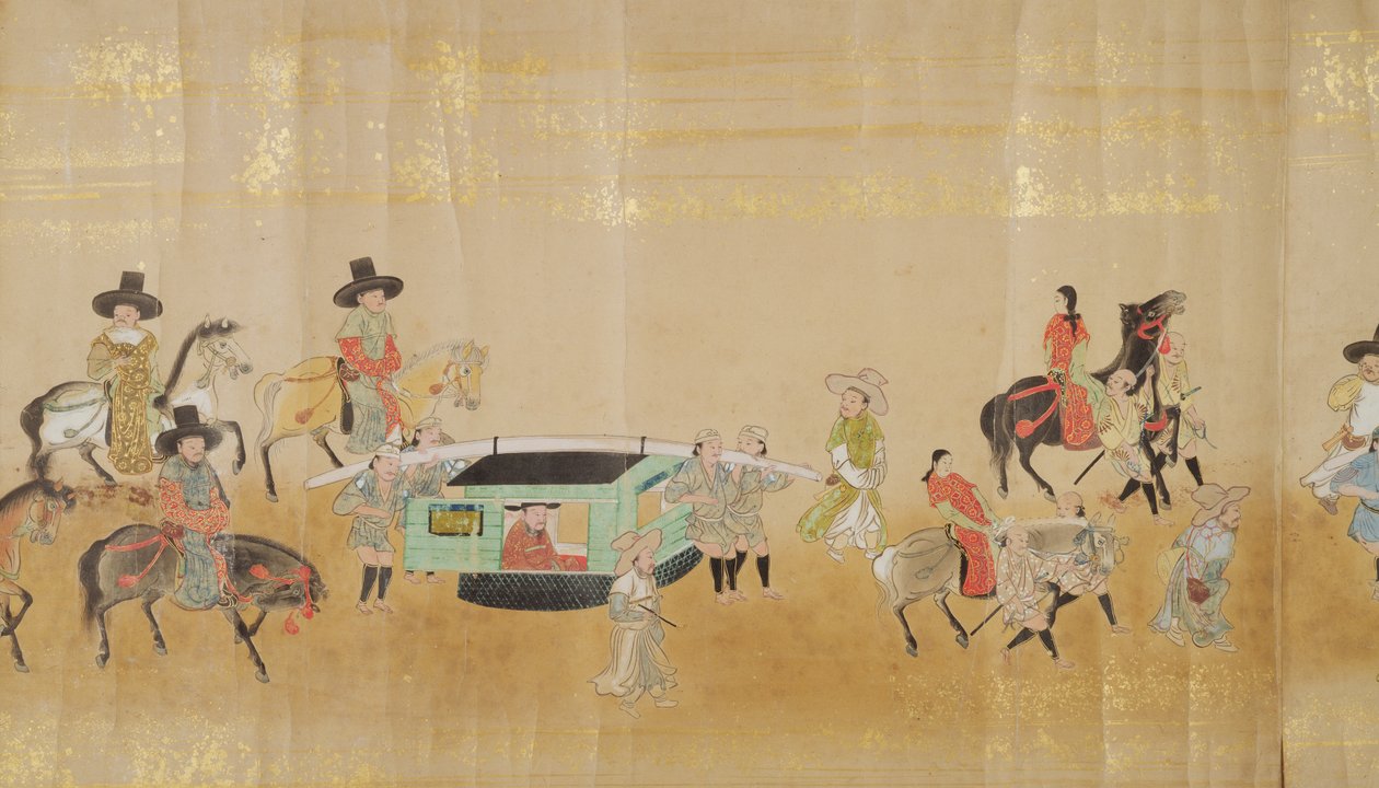 Szósta Ambasada Korei w Japonii w Meireki 1 w czasie sukcesji Tokugawy Ietsunas w 1651, prawdopodobnie Kano Masunobu (1625-94) (obraz przewijany) (szczegół) autorstwa Japanese School