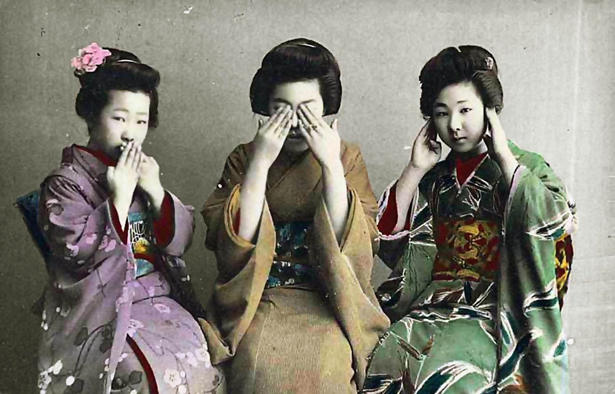 Nie mów nic złego, nie widzę zła, nic nie słyszę, ok. 1880 r. (Ręcznie kolorowane albuminowe zdjęcie) autorstwa Japanese School