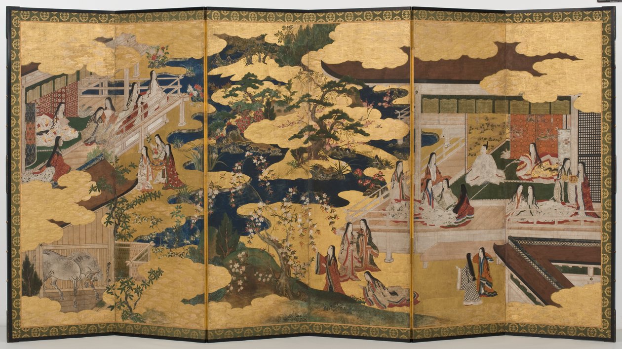Wiosna w pałacu, sześciokrotny ekran z Opowieści o Genji, ok. 1650 (atrament, kolory i złoto na papierze) autorstwa Japanese School