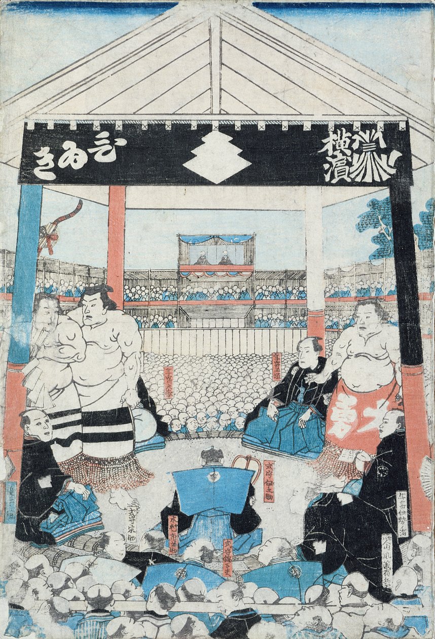 Zapaśnicy sumo mają zamiar rozpocząć mecz (drewnodruk) autorstwa Japanese School