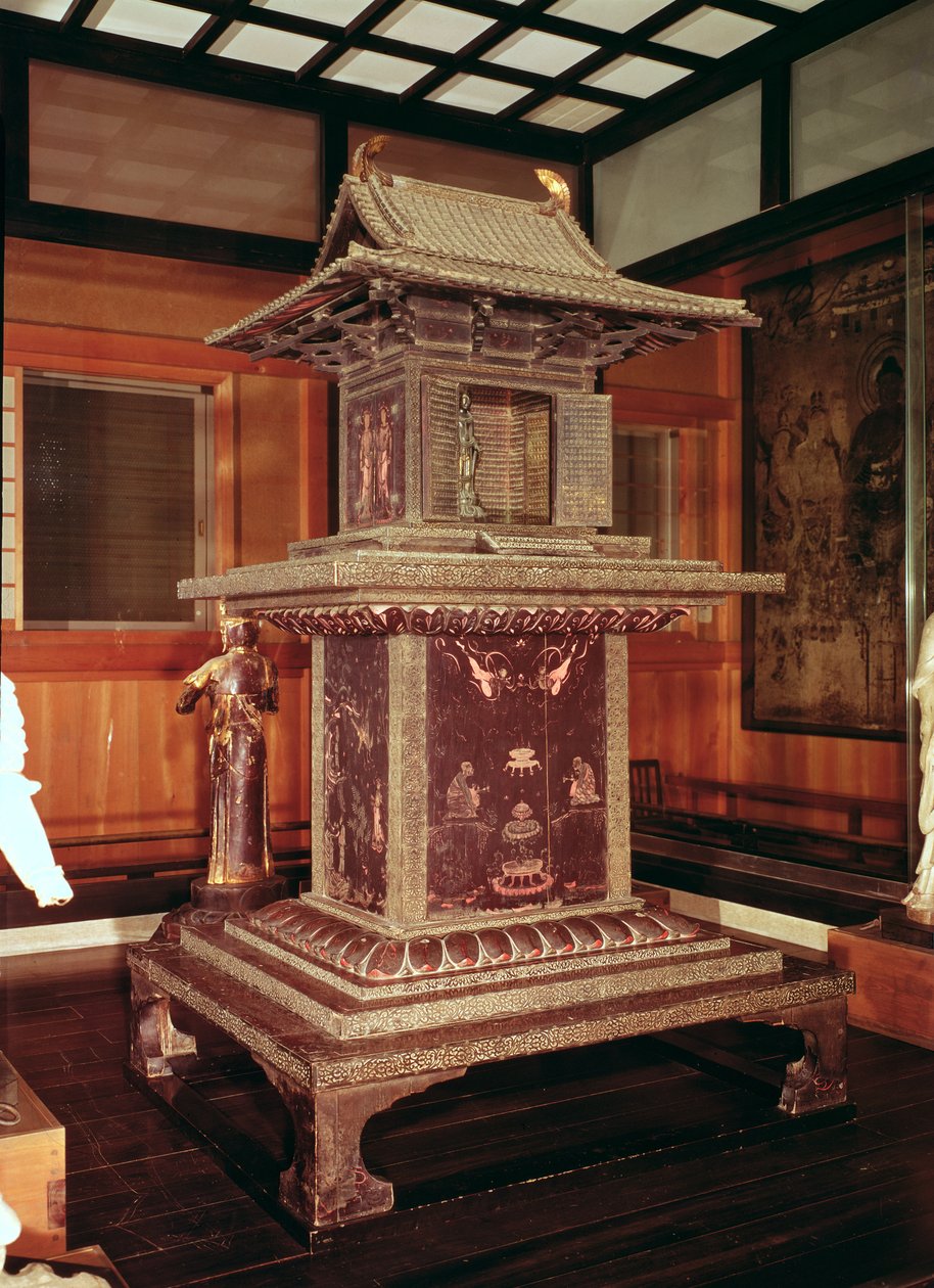 Kapliczka Tamamushi ze świątyni Horyu Ji, przedstawiająca historię Buddy w poprzednim wcieleniu, ok. 650 r. autorstwa Japanese School