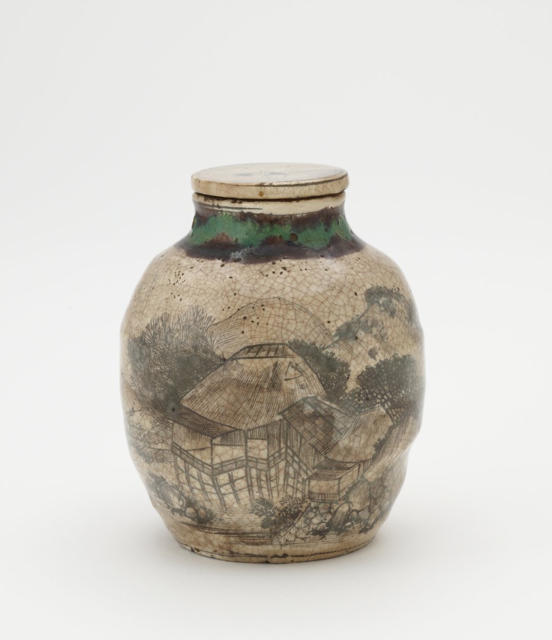 Słoik z liści herbaty na sencha, z dopasowaną pokrywką, Naczynia z Kioto, Słoik z liści herbaty (sencha tsubo) autorstwa Japanese School