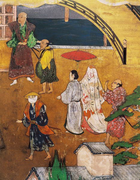 Przybycie Portugalczyków do Japonii, fragment sceny ulicznej z ekranu Namban Byobu, 1594-1618 autorstwa Japanese School