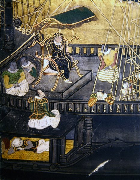 Przybycie Portugalczyków do Japonii, szczegół przedstawiający mężczyzn w centralnej części statku, z ekranu Namban Byobu, 1594-1618 autorstwa Japanese School