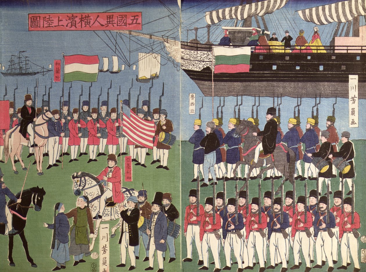 Przybycie szwadronu komandora Perry do japońskiego portu w 1853 r. (kolorowy drzeworyt) autorstwa Japanese School