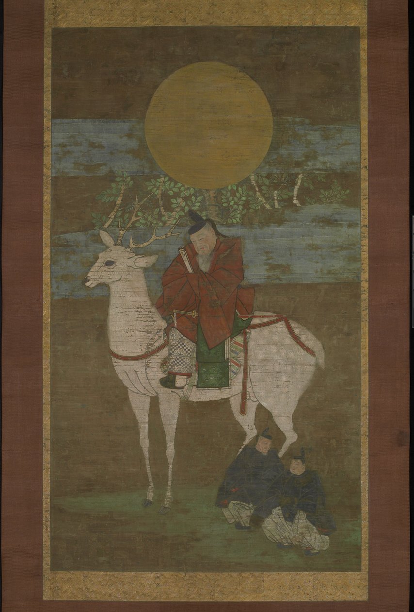 Wyjazd z Kashimy (Bóstwa Kasuga out), koniec XIV wieku (Wiszący zwój: atrament, kolor i złoto na jedwabiu) autorstwa Japanese School