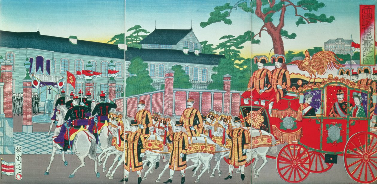 Cesarz Mutsuhito (1852-1912) Powrót do swojego pałacu w Tokio, koniec XIX wieku (kolorowy drzeworyt) autorstwa Japanese School