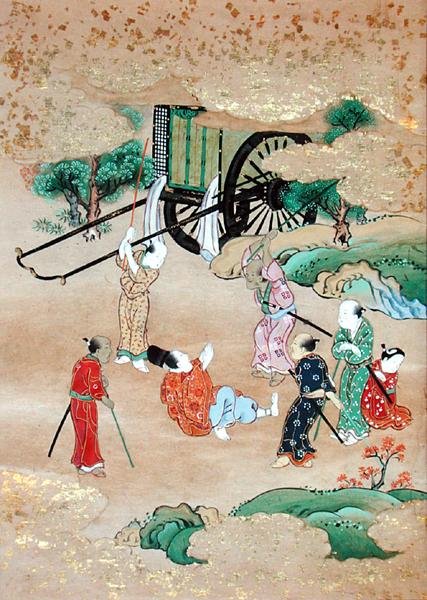 Mnich Shogaku (1126-1235) atakowany przez bandytów (akwarela na papierze) autorstwa Japanese School