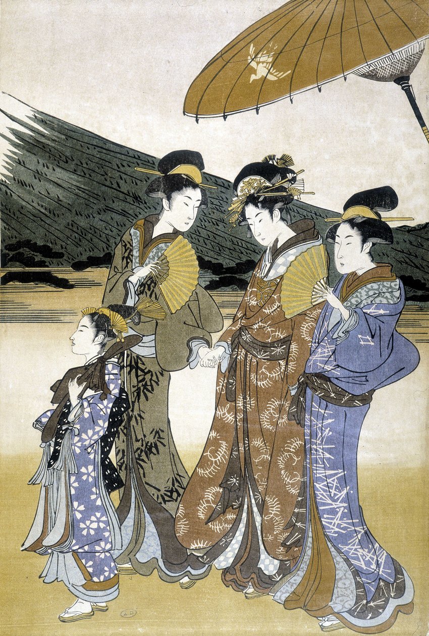 Trzy kobiety i dzieci, japoński nadruk autorstwa Japanese School
