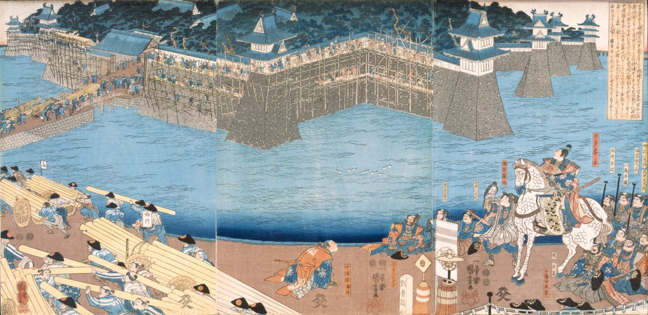 Tryptyk przedstawiający fort budowany nad rzeką Kunigos, okres Edo 1603-1868. autorstwa Japanese School