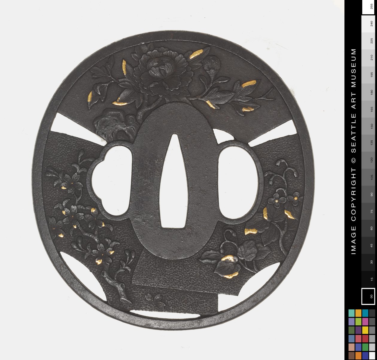 Tsuba: chryzantema, wiśnia, irys autorstwa Japanese School
