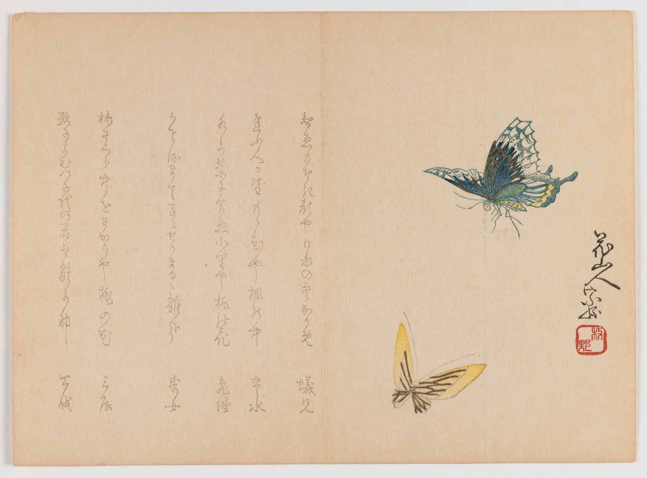 Dwa motyle, ok. 1860 (drewnodruk, poziomy format Chûban yoko-e) autorstwa Japanese School