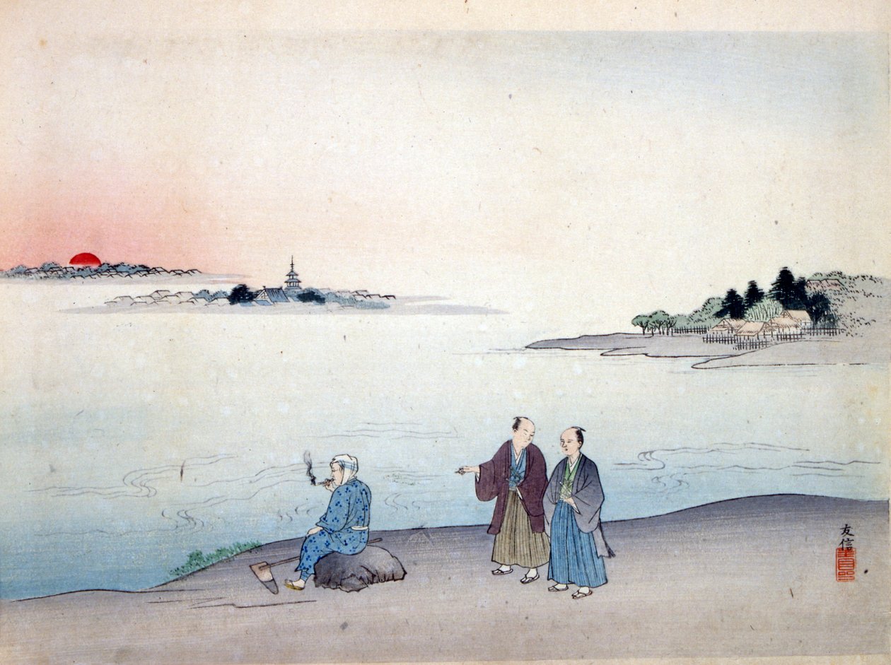 Dwóch mężczyzn spacerujących nad jeziorem, ok. godz. 1870 autorstwa Japanese School