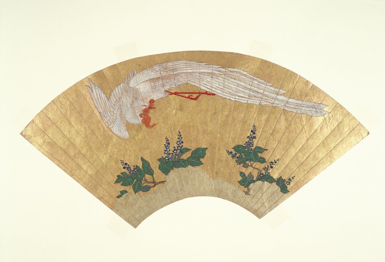Niezamontowany wentylator: Ptak nurkujący na pokryty śniegiem bambus, ok. 1700-60 (złoto i toaleta na papierze) autorstwa Japanese School
