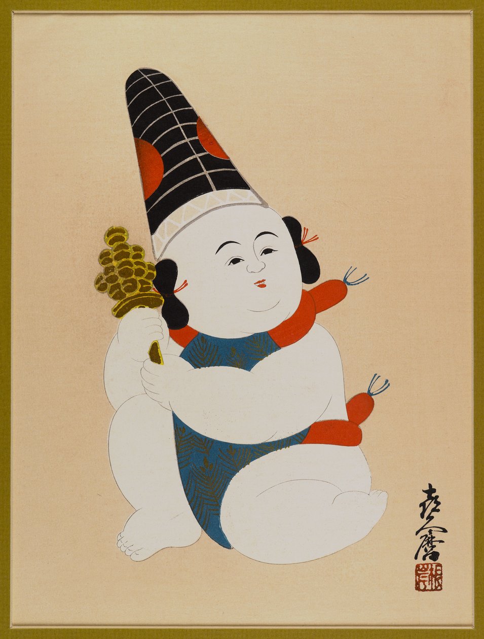 Bez tytułu (siedzący chłopiec, noszący kapelusz i trzymający zabawkę) (kolorowy nadruk w drewnie) autorstwa Japanese School