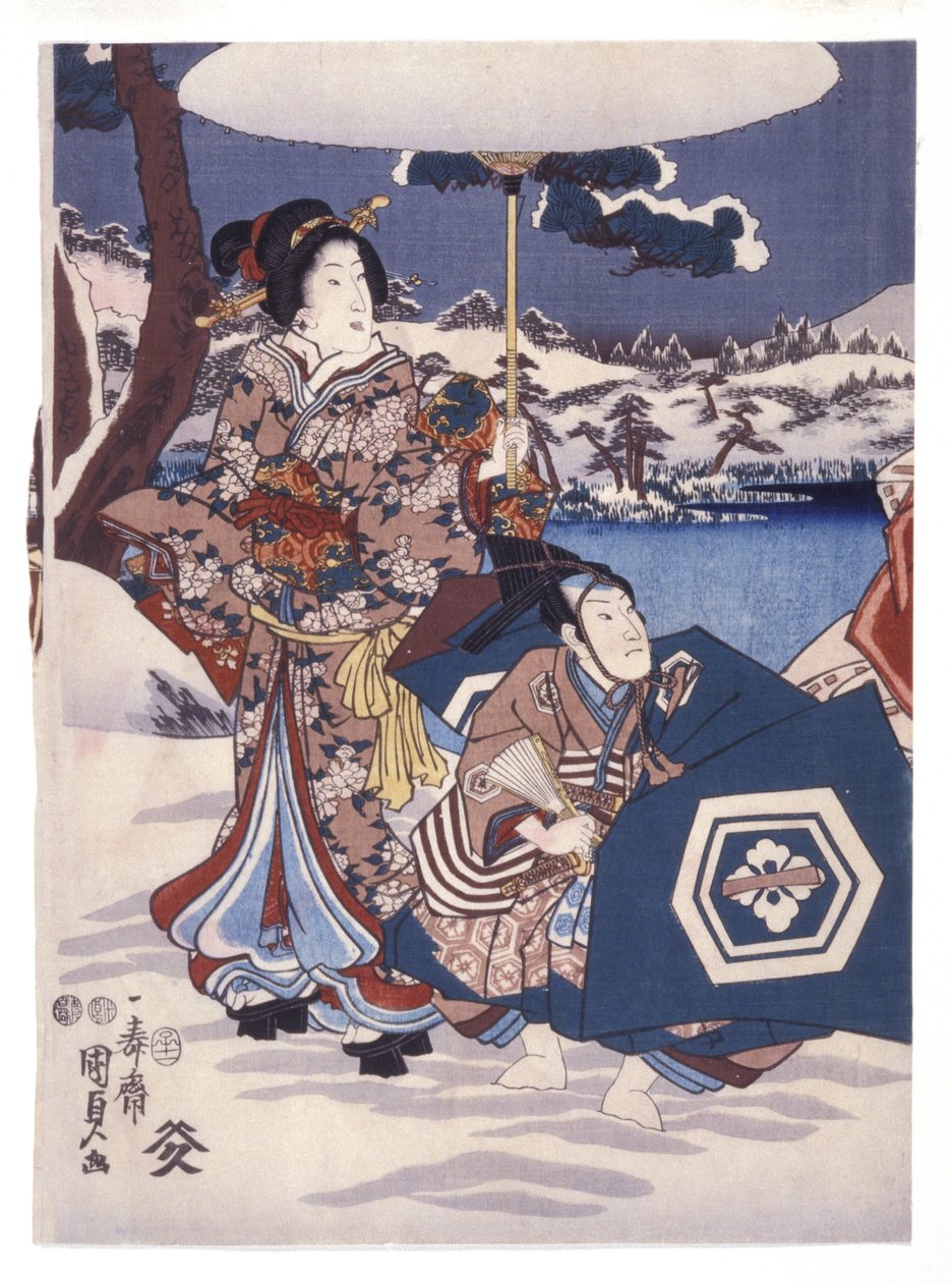 Bez tytułu (Dwie postacie w śnieżnym pejzażu) (drzeworyty kolorowe) autorstwa Japanese School