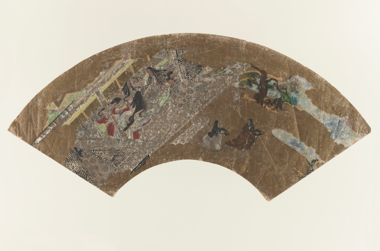 Bez tytułu - Obraz w kształcie wachlarza przedstawiający kobiety siedzące w pawilonie grające w grę, 1603-1868 autorstwa Japanese School