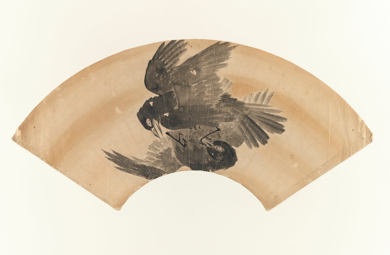 Bez tytułu - rysunek dwóch ptaków w kształcie wachlarza, 1603-1868 (tusz na papierze) autorstwa Japanese School