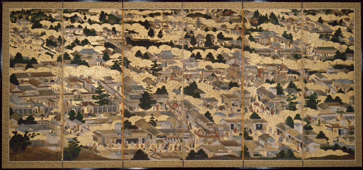 Widoki Kioto i okolic (Rakuchu rakugai zu), ok. 1616-24 (tusz, kolor i złoto płatkowe na papierze) autorstwa Japanese School