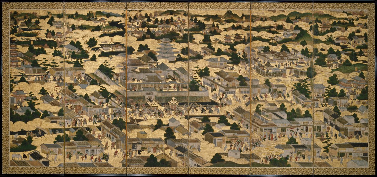 Widoki Kioto i okolic (Rakuchu rakugai zu), ok. 1616-24 (tusz, kolor i złoto płatkowe na papierze) autorstwa Japanese School
