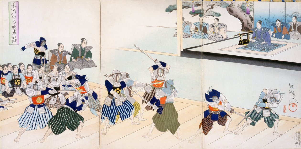 Warlord obserwuje Samuraja ćwiczącego swoją grę mieczem (kolorowy drzeworyt) autorstwa Japanese School