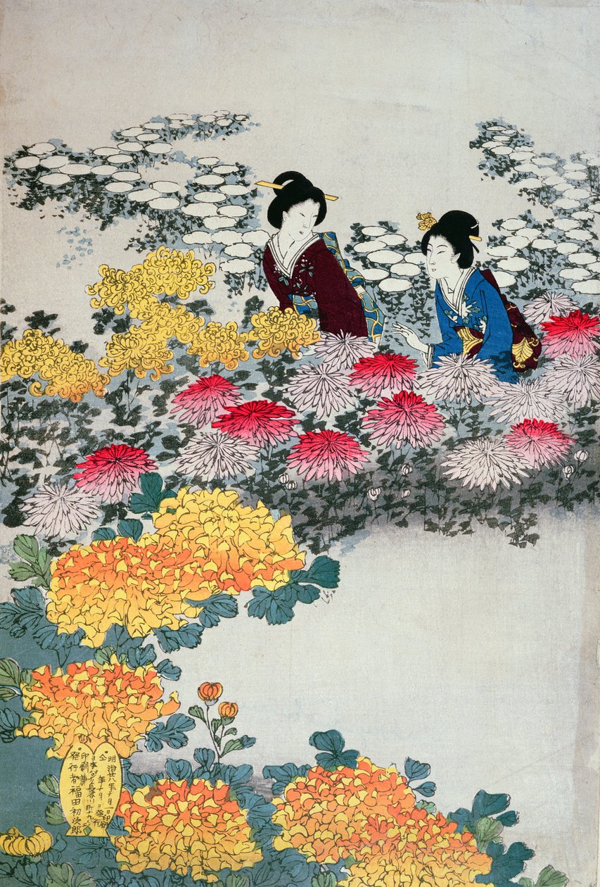 Kobiety w kwitnącym ogrodzie (kolorowy drzeworyt) autorstwa Japanese School