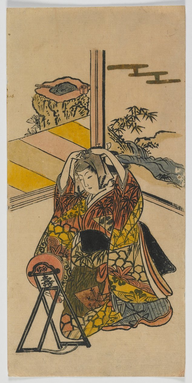 Młoda kobieta klęcząca przy lustrze, epoka Edo, lata 20. XVIII w. (kolorowy drzeworyt) autorstwa Japanese School