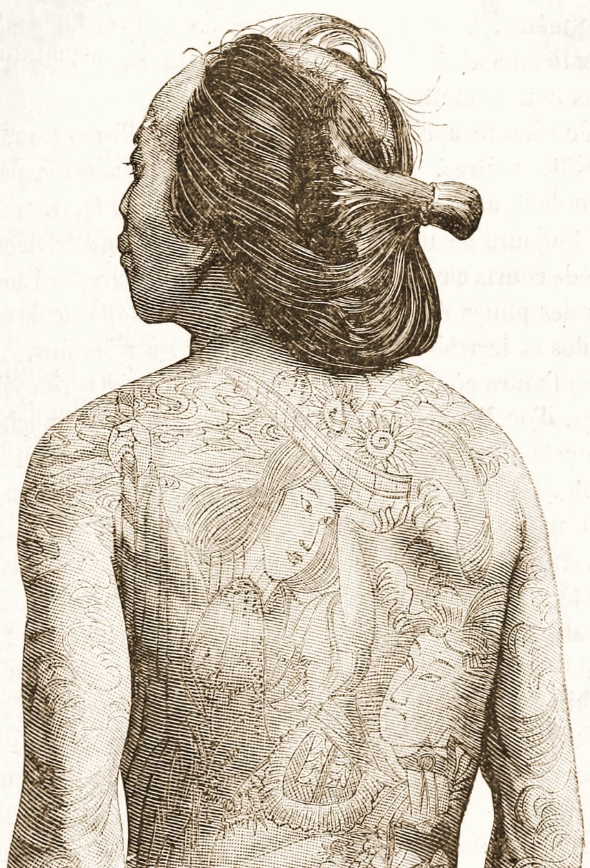 mężczyzna z tradycyjnymi japońskimi tatuażami Irezumi, ok.1880 autorstwa Japanese School