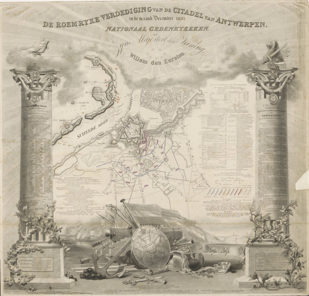 Obrona Cytadeli w Antwerpii Roemryke w grudniu 1832 r. Pomnik narodowy ku czci Jego Królewskiej Mości Willema den Eerste (tytuł na obiekcie) autorstwa Ja.s Wyld
