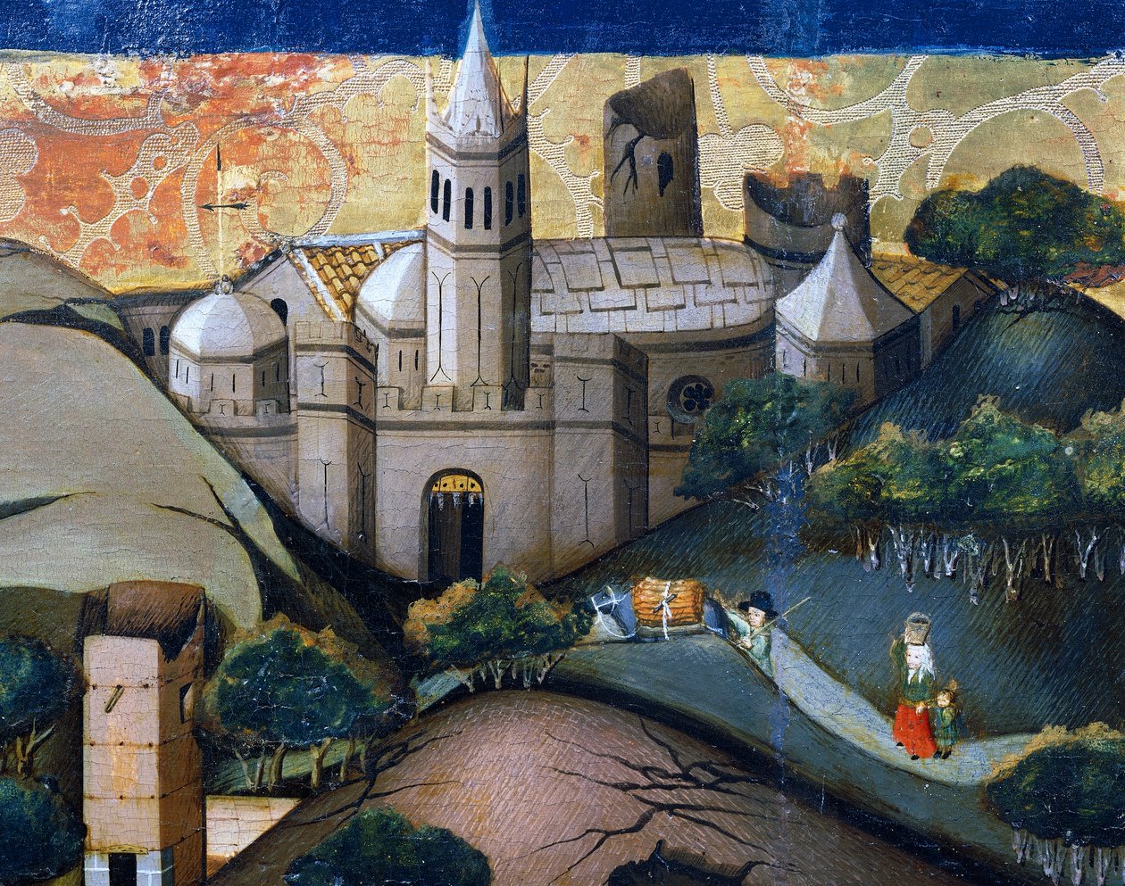 Pejzaż z kościołem episkopalnym, fragment z Ucieczki do Egiptu, ołtarz z Verdu autorstwa Jaume Ferrer
