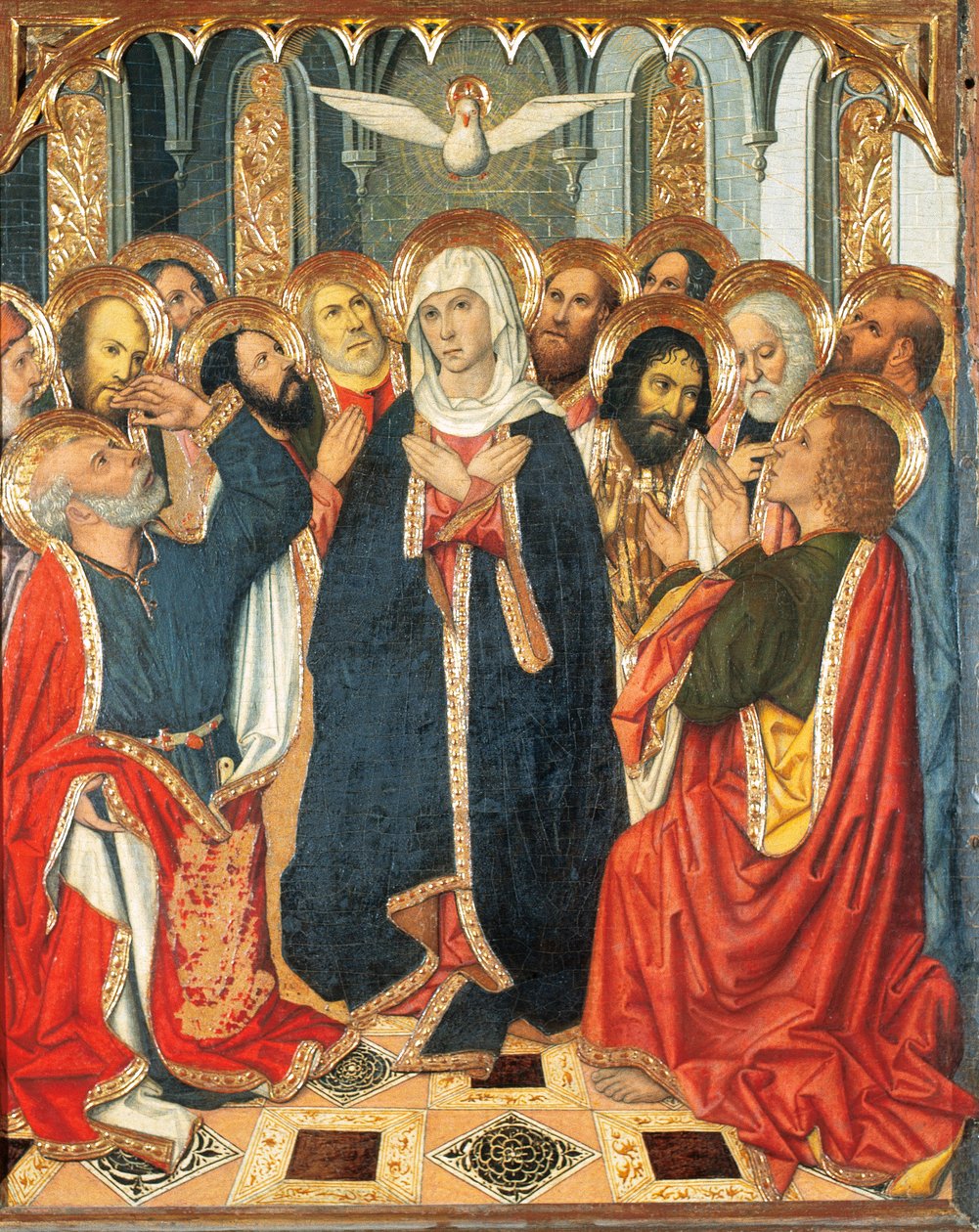 Tablica Zesłania Ducha Świętego. Z ołtarza konstabla Portugalii (1464-1465). Maluj na drewnie. Jaume Huguet (1414-1492). XV wiek (malarstwo na drewnie) autorstwa Jaume Huguet