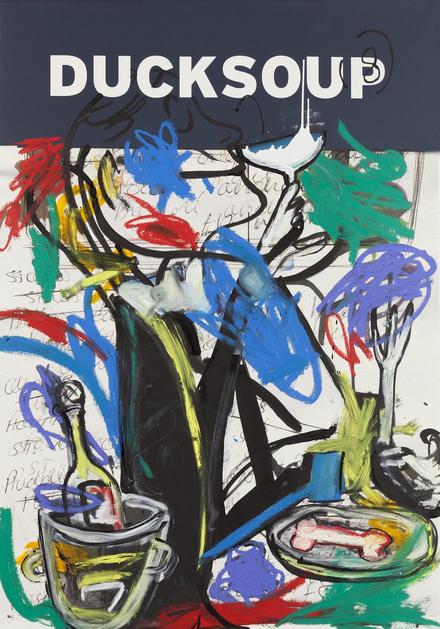 Ducksoup, 2015 (mieszane media na papierze akwarelowym zamontowanym na panelu z przepisem na odwrocie) autorstwa Jay Batlle