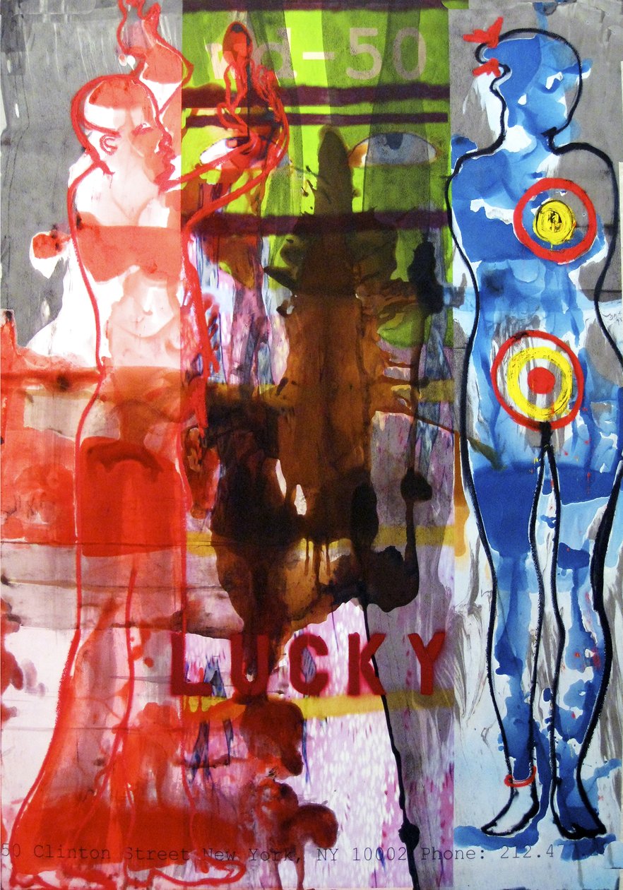 Lucky, 2010 (mieszane media na papierze akwarelowym zamontowanym na panelu z przepisem na odwrocie) autorstwa Jay Batlle
